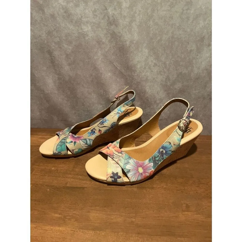 Sofft Floral Multicolor Slingback Leather Wedge Sandals size 8